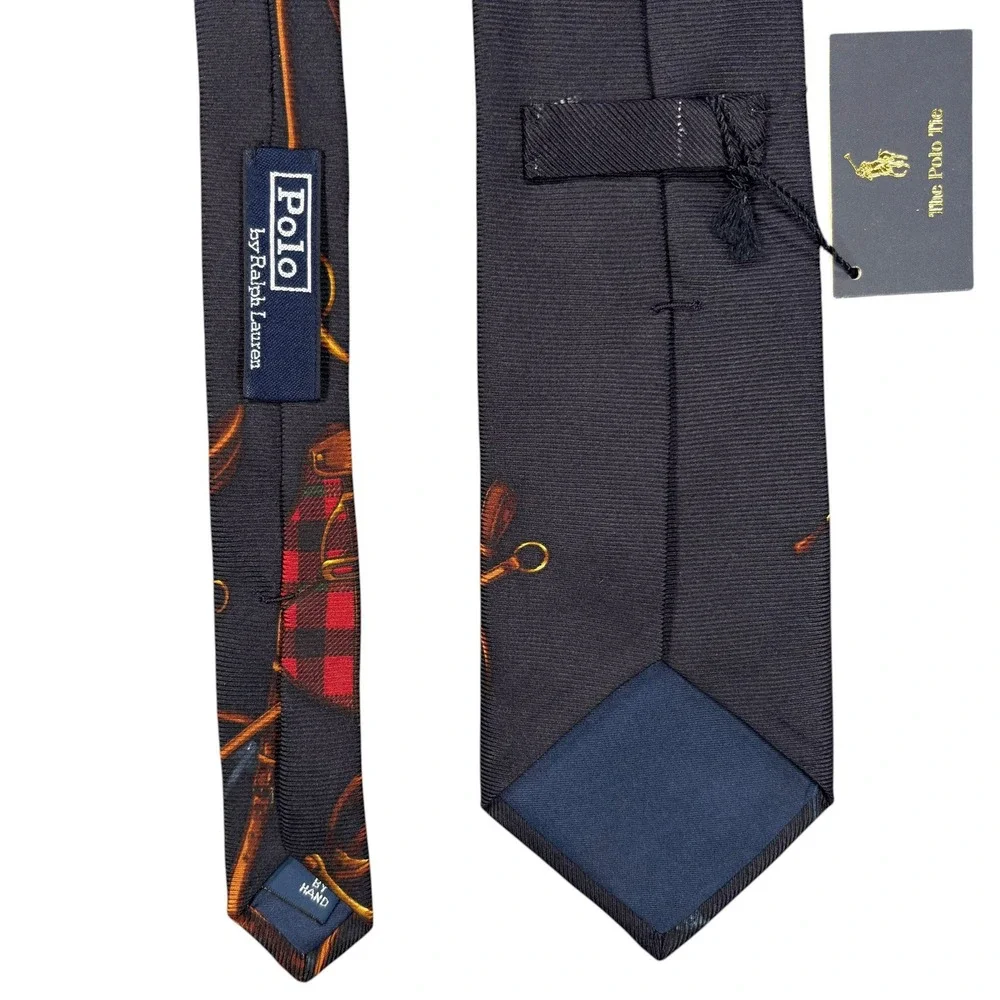 Vintage Polo Ralph Lauren Silk Tie Navy Blue Red Equestrian Handmade USA Y2K NWT